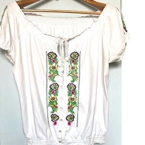 Off Sholders Embroidered White Floral Top